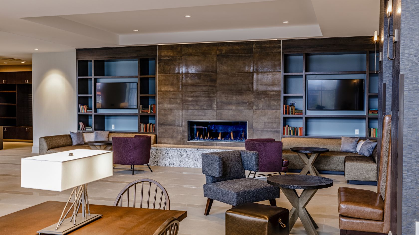 first floor lounge interior design at The Hotel Madison, Harrisonburg, Virginia